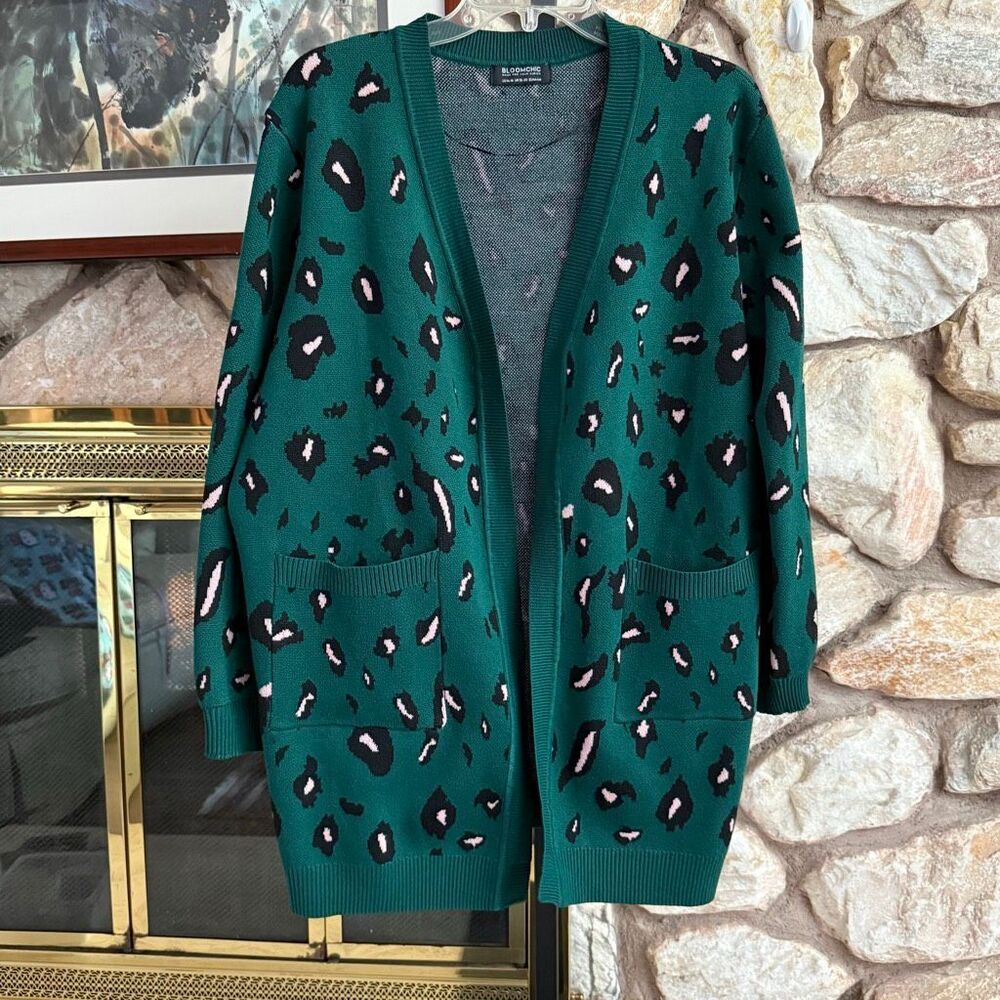 Bloomchic women’s plus 14/16 green leopard no button cardigan animal print eclec
